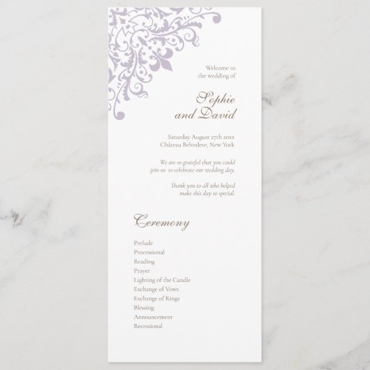 Frans Regent Paars Fleur de Lis Pattern Wedding Programmakaart (Voorkant)