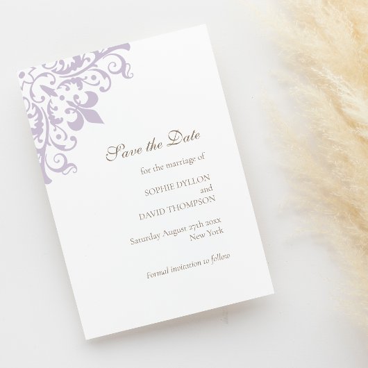 Frans Regent Paars Fleur de Lis Pattern Wedding Save The Date
