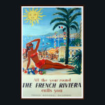 Frans Riviera Vintage Travel Poster<br><div class="desc">Reproductiefdruk van een Frans Art Deco-poster dat het reizen naar Frans-Riviera met een vrouw in bikini tegen het prachtige strand van de Middellandse Zeekust bevordert. Pas de grootte van het poster,  de textuur,  de rand en/of het lijst aan zodat deze aan uw smaak zijn aangepast.</div>