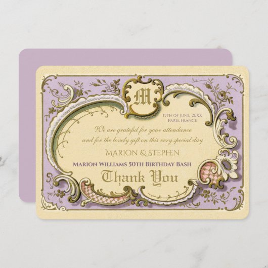 Frans Rococo Elegant Lijst Antiek Gold Lila Bedankkaart (Voorkant / Achterkant)