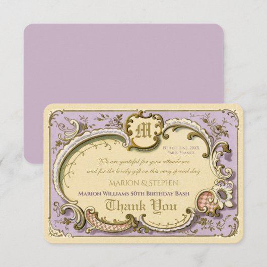 Frans Rococo Elegant Lijst Antiek Gold Lila Bedankkaart (Voorkant / Achterkant)