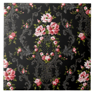 Frans Rococo Floral-Black achtergrond  Tegeltje