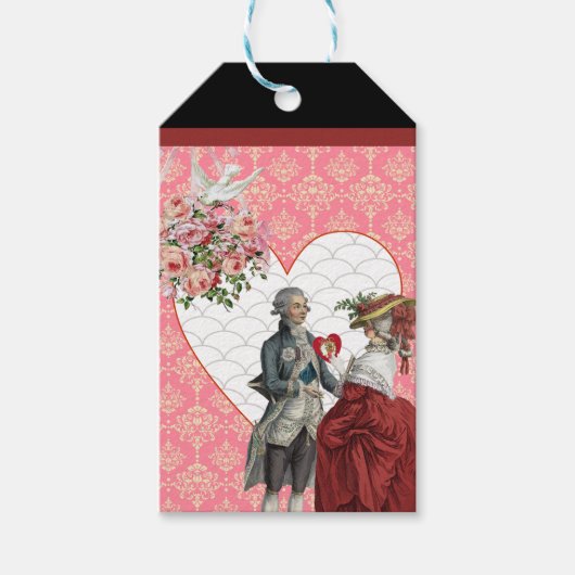 Frans Rococo Paar en Roze Damask Valentijn Cadeaulabel (Voorkant)