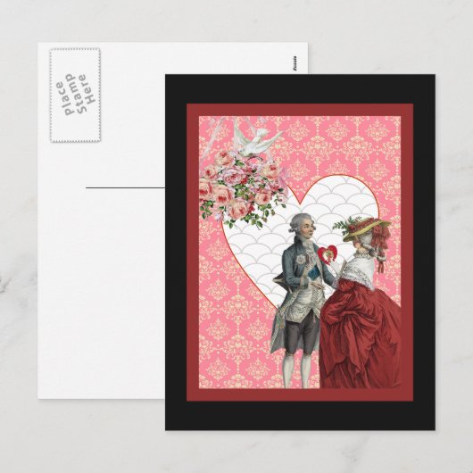 Frans Rococo Paar en Roze Damask Valentijn Feestdagenkaart (Voorkant / Achterkant)