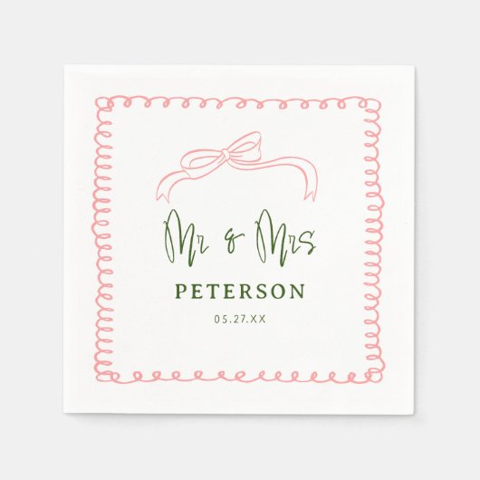 Frans roze en groen Mr & Mrs bruiloftsmonogram Servet (Voorkant)