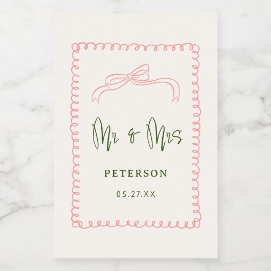 Frans roze en groen Mr & Mrs bruiloftsmonogram Wijn Etiket (Enkel label)