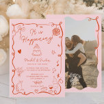 Frans roze hand getekende geïllustreerde foto brui kaart<br><div class="desc">Vier de vereniging van liefde met onze betoverende Retro Frans roze en rode bruiloft uitnodiging! Dit handgetekende, geïllustreerde Franse ontwerp straalt elegantie en grilligheid uit, met delicate krabbels, golvende rand lijsten en ingewikkelde schetsen van voedsel en drinken. Van wijnglazen tot cocktails en heerlijke lekkernijen, de hartverwarmende details zetten het podium...</div>