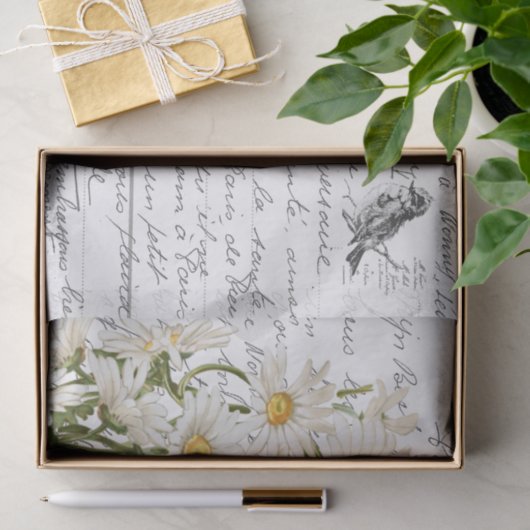 Frans Script Daisy Flower Bird Briefkaart Tissuepapier (Geschenk)