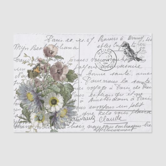 Frans Script Flowers Bird Briefkaart Tissuepapier (Voorkant)