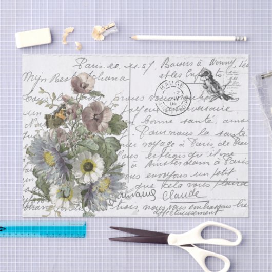 Frans Script Flowers Bird Briefkaart Tissuepapier (Craft)