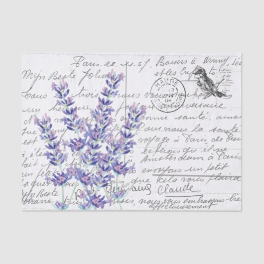 Frans Script  Lavender Bird Briefkaart Tissuepapier (Voorkant)