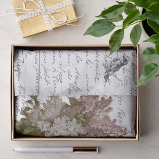 Frans Script  Lila Flowers Bird Briefkaart Tissuepapier (Geschenk)