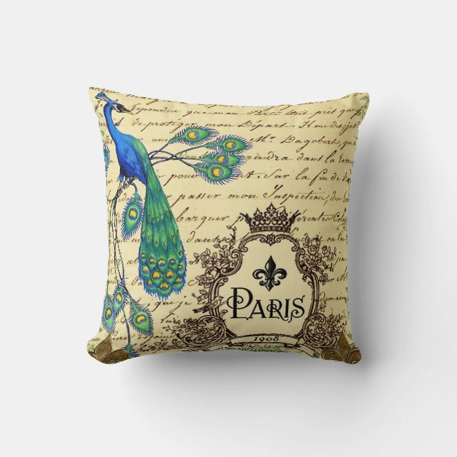 Frans Script Peacock Paris Decoratief Pillow Kussen (Voorkant)