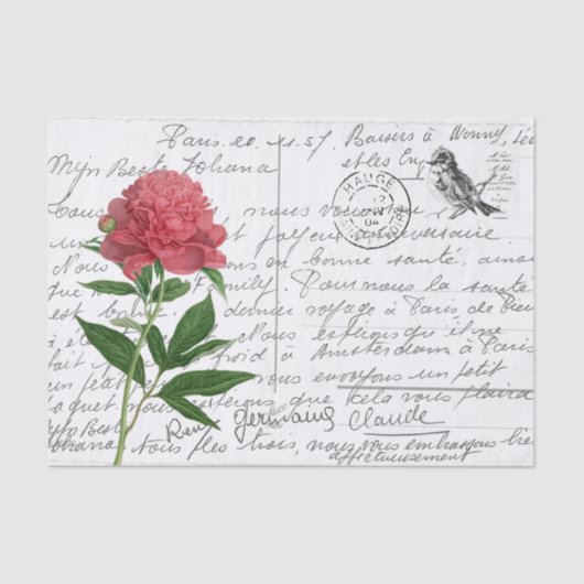 Frans Script  Peony Bird Briefkaart Tissuepapier (Voorkant)