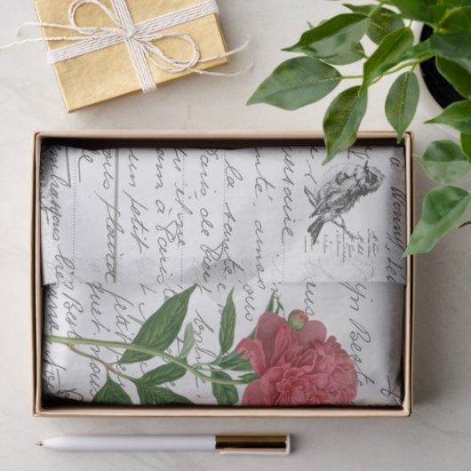 Frans Script Peony Bird Briefkaart Tissuepapier (Geschenk)