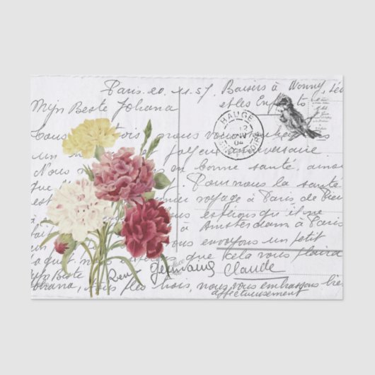 Frans Script Redoute Floral Bird Briefkaart Tissuepapier (Voorkant)