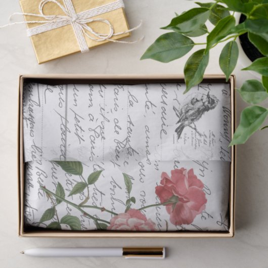 Frans Script Roos Bird Briefkaart Tissuepapier (Geschenk)