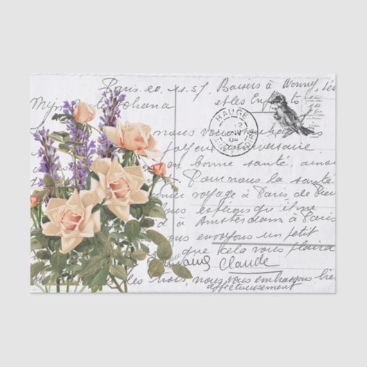 Frans Script Roos Lavender Bird Briefkaart Tissuepapier (Voorkant)