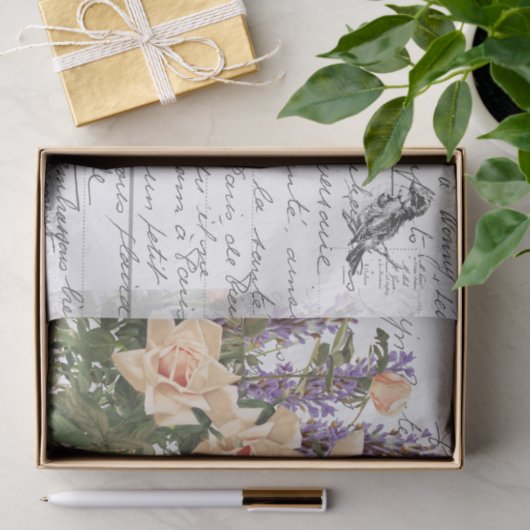 Frans Script Roos Lavender Bird Briefkaart Tissuepapier (Geschenk)