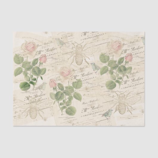 Frans Script Roze Rose Bird Bee  Collage Tissuepapier (Voorkant)