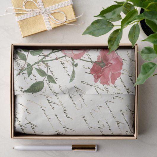  Frans Script Roze Rozen Tissuepapier (Geschenk)
