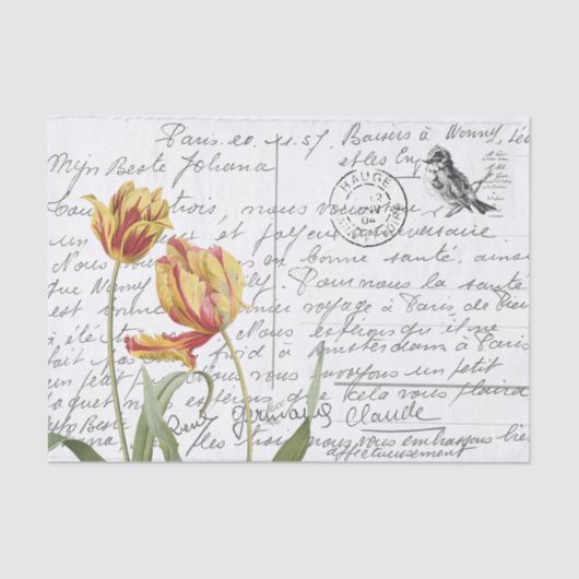 Frans Script Tulip Bird Briefkaart Tissuepapier (Voorkant)