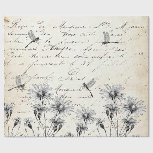 Frans Script Wilde bloem Dragonfly-decoupage Craft Cadeaupapier (Vlak)