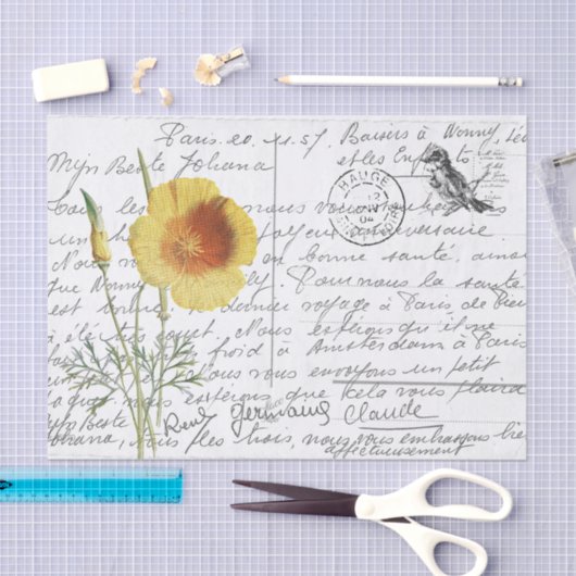 Frans Script Yellow Poppy Bird Briefkaart Tissuepapier (Craft)