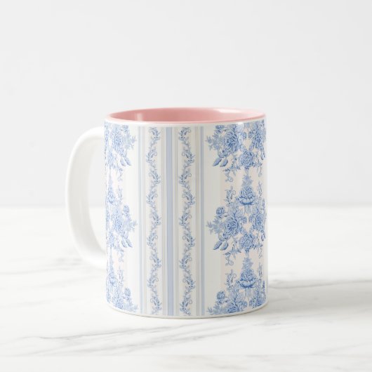 Frans, shabbykic, , bleek blauw, wit, land tweekleurige koffiemok (Voorkant links)