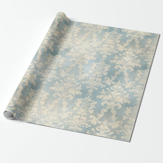 Frans Stoffig Blauw Damask Cadeaupapier (Uitgerold)