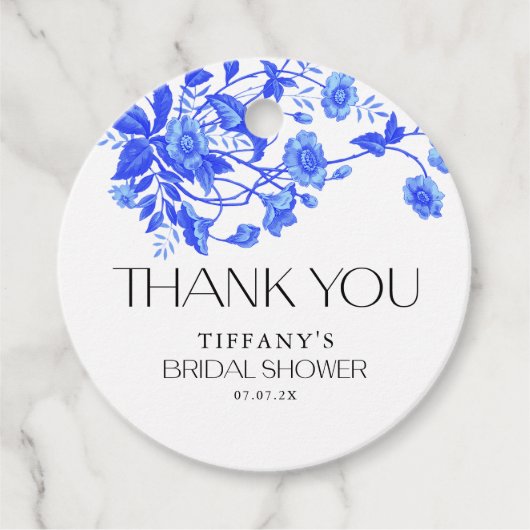 Frans Toile Blauw Bloemen Vrijgezellenfeest Bedankjes Labels (Voorkant)