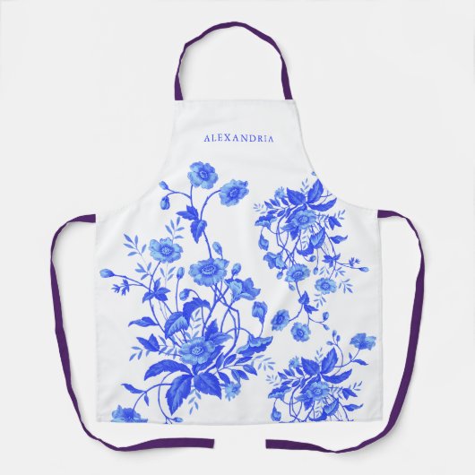  Frans Toile Blauw Bloemen Vrijgezellenfeest Schort (Voorkant)