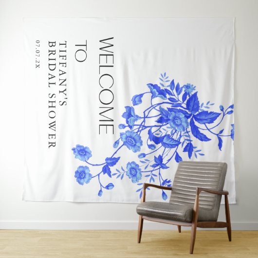 Frans Toile Blauw Bloemen Vrijgezellenfeest Wandkleed (In Situ (horizontaal))