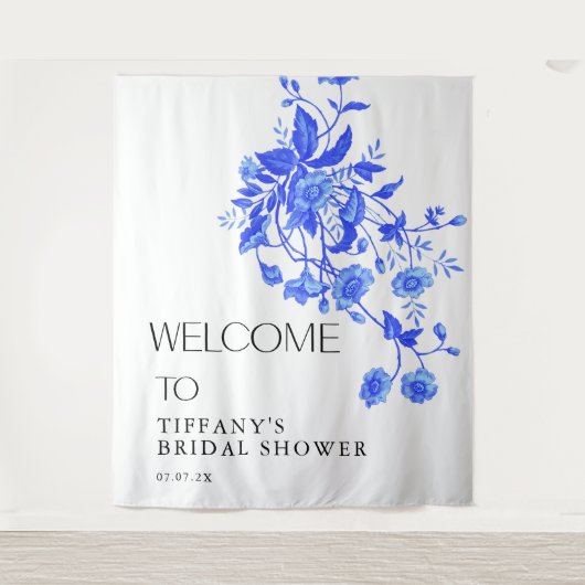 Frans Toile Blauw Bloemen Vrijgezellenfeest Wandkleed (Voorkant)