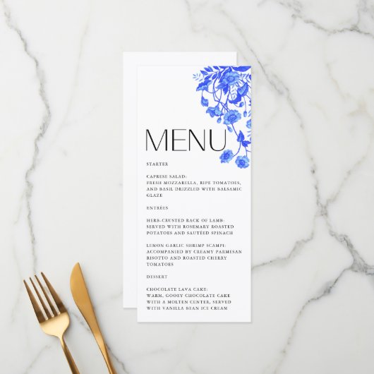  Frans Toile Bloemenblauw Vrijgezellenfeest Menu (Voorkant / Achterkant in situ)