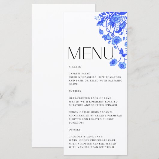  Frans Toile Bloemenblauw Vrijgezellenfeest Menu (Voorkant / Achterkant)