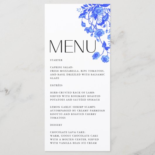  Frans Toile Bloemenblauw Vrijgezellenfeest Menu (Voorkant)