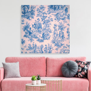 Frans toile de jouy blauw en roze elegant canvas afdruk