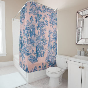 Frans toile de jouy blauw en roze elegant douchegordijn
