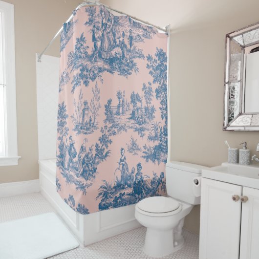 Frans toile de jouy blauw en roze elegant douchegordijn (In situ)