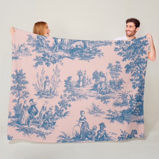Frans toile de jouy blauw en roze elegant fleece deken (In situ)