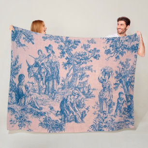 Frans toile de jouy blauw en roze elegant fleece deken