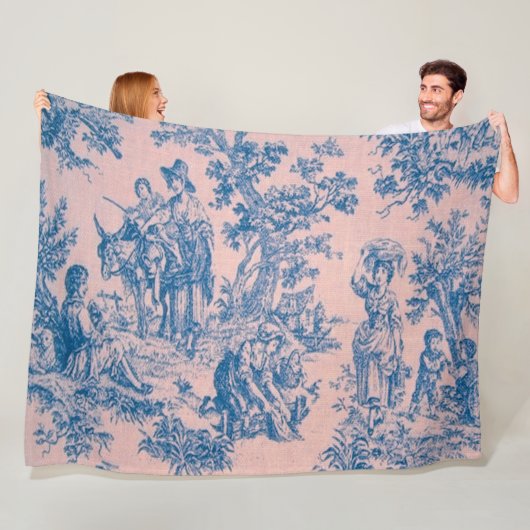 Frans toile de jouy blauw en roze elegant fleece deken (In situ)