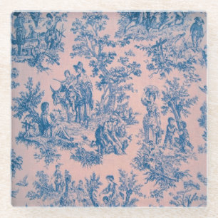 Frans toile de jouy blauw en roze elegant glazen onderzetter