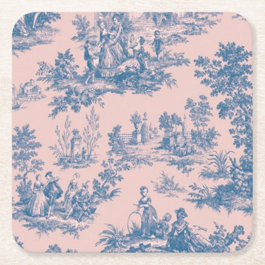 Frans toile de jouy blauw en roze elegant kartonnen onderzetters (Voorkant)