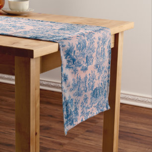 Frans toile de jouy blauw en roze elegant korte tafelloper