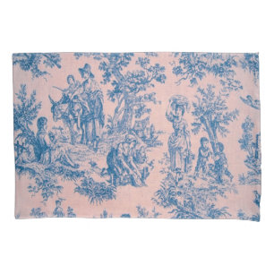 Frans toile de jouy blauw en roze elegant kussensloop