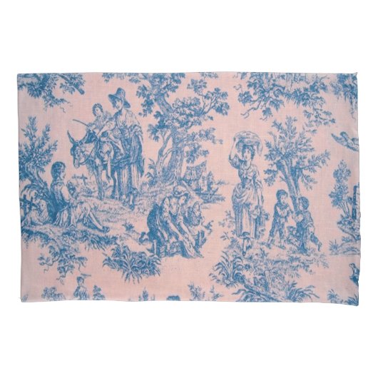 Frans toile de jouy blauw en roze elegant kussensloop (Voorkant)