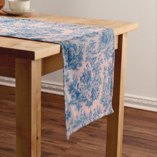 Frans toile de jouy blauw en roze elegant lange tafelloper