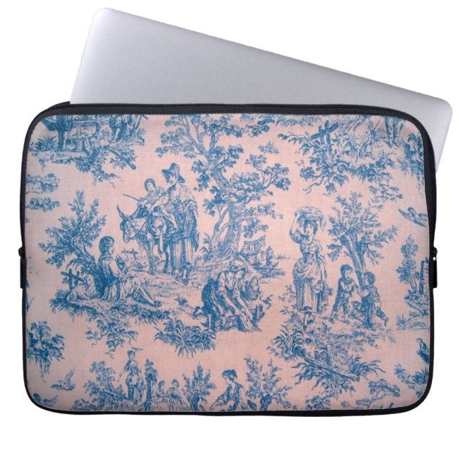 Frans toile de jouy blauw en roze elegant laptop sleeve (Voorkant)